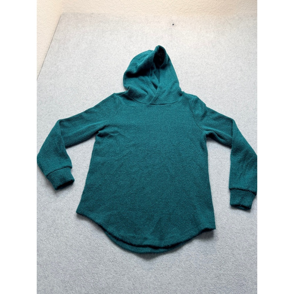 LOFT Petite Green Knit Hoodie Curved Hem Long Sleeve Pullover Size MP